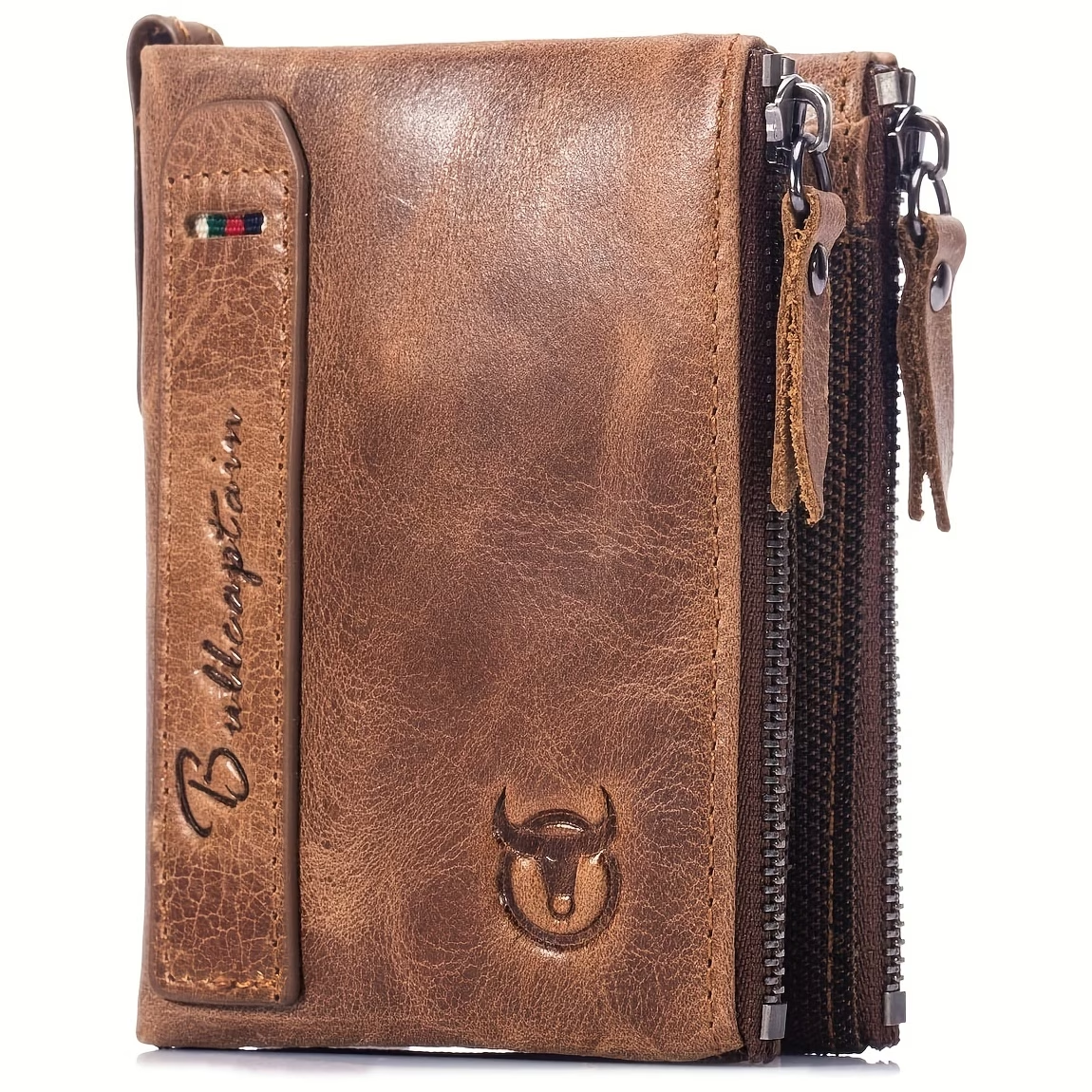 Men's Genuine Leather Wallet, Vintage Style, Animal Pattern, Braided Weave, Ruffle Detail, with Dual Zipper Pockets, Men's Everyday Wallet | Retro Charm Wallet | Crafed with Detailing