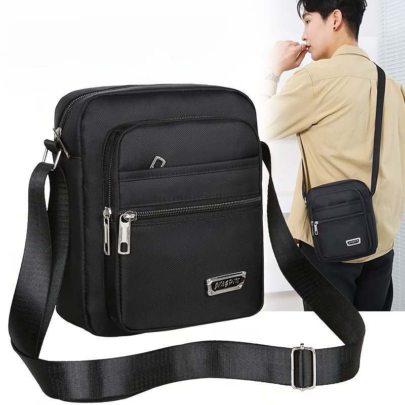 Men'S Classic Black Oxford Crossbody Bag - Large Capacity Casual Daypack with 6 Adjustable Zippers, Multiple Compartments & Safety Pocket, Durable Sling Bag for Travel, Commuting, Everyday Use, Secure Zipper Closure