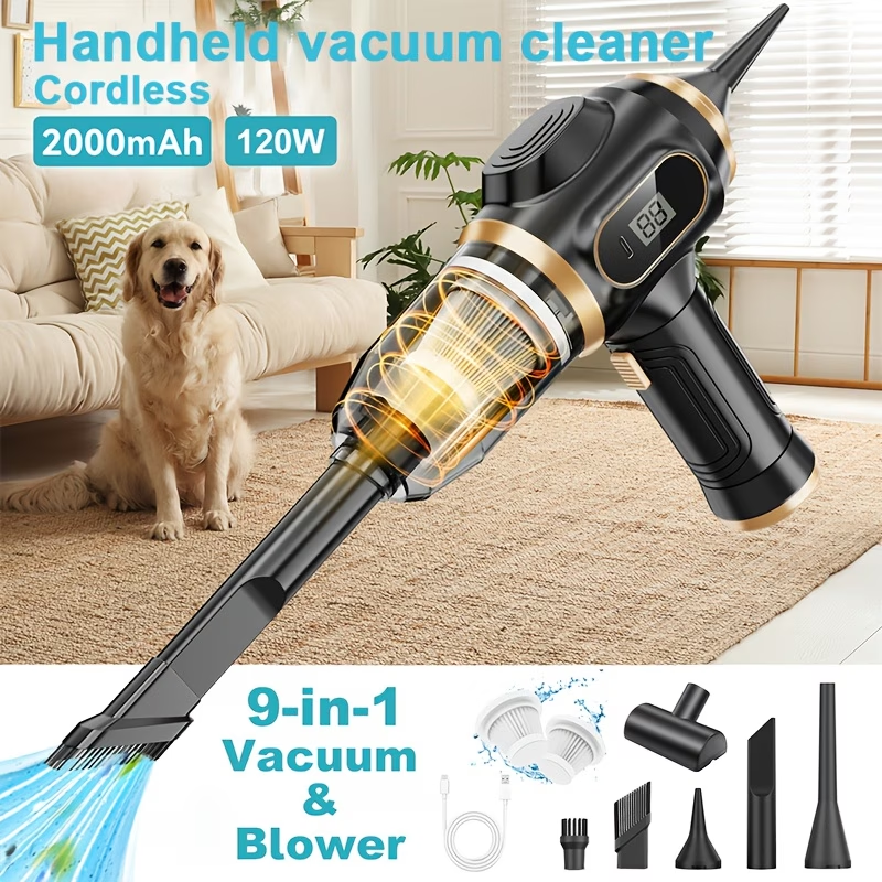 High-Power Handheld Vacuum Cleaner with Strong Suction - Fast Cleaning, Includes Crevice Tool & Multiple Accessories and Brushes, USB Charging, Blowing and Sucking Function, for Home and Car Use, Hair Removal, Quick Cleanup, Ergonomic Grip