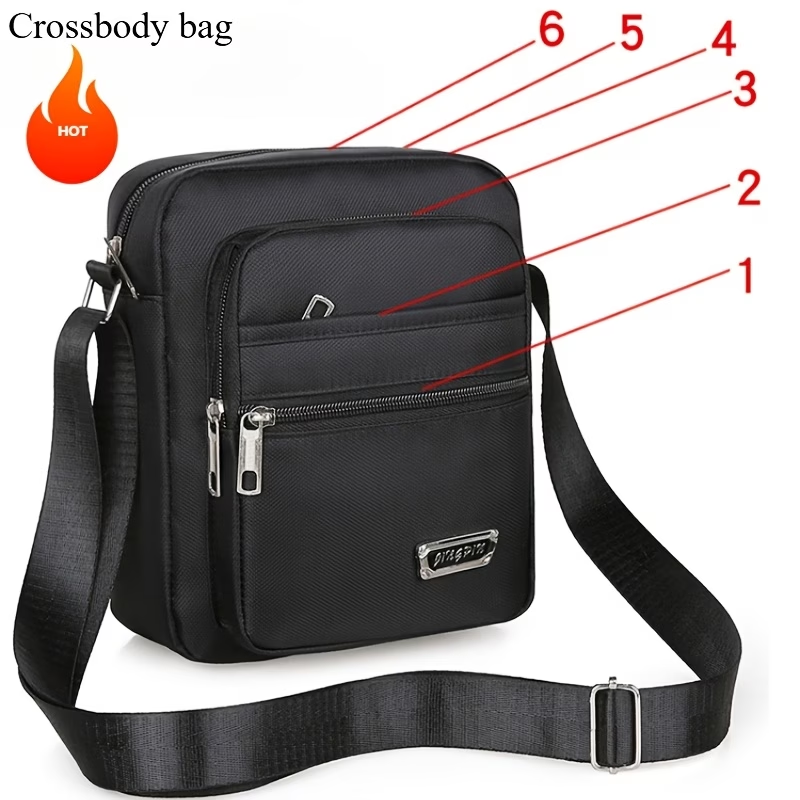 Men'S Classic Black Oxford Crossbody Bag - Large Capacity Casual Daypack with 6 Adjustable Zippers, Multiple Compartments & Safety Pocket, Durable Sling Bag for Travel, Commuting, Everyday Use, Secure Zipper Closure