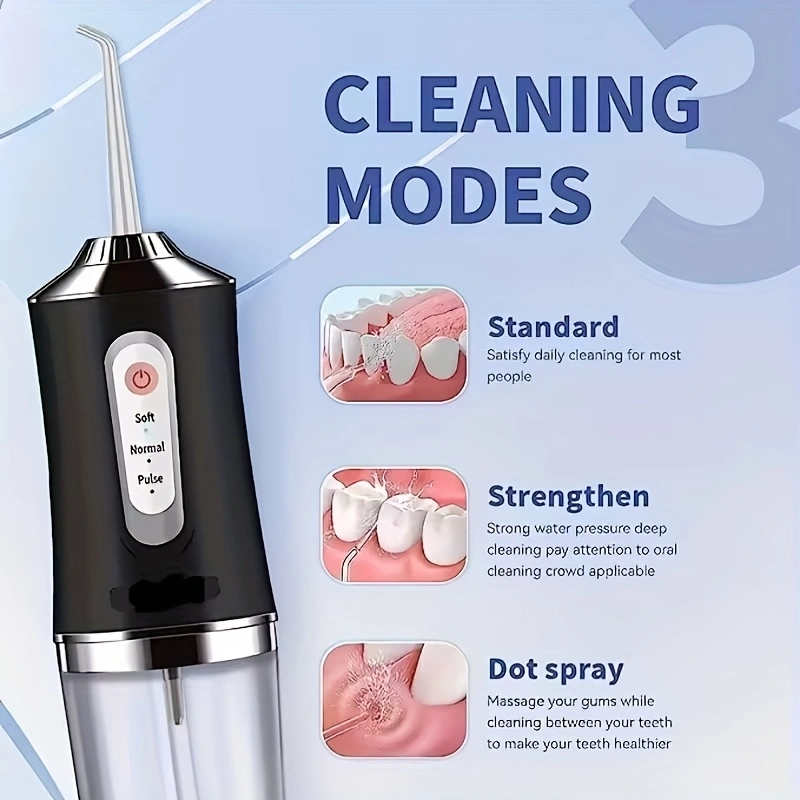 Large-capacity oral irrigator, tongue cleaner, teeth rinser; portable USB rechargeable; deep cleaning of teeth; comes with 4 cleaning heads.