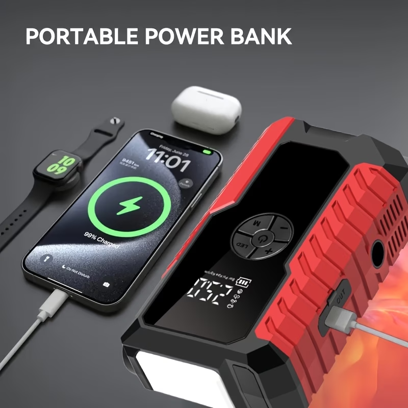 10000A 7-in-1 Multifunctional Emergency Jump Starter With 150PSI Air Pump, Digital Tire Inflator, Portable Car Battery Charger, Up To 2.64gal Gas/2.38gal Diesel, LED Emergency Light & USB Charging, Car Emergency Tool.Suitable As A Holiday Gift.