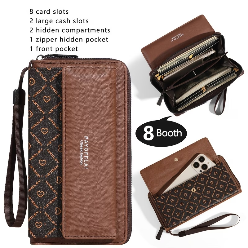 Classic PU Women'S Wallet, Long, Color-Block, Double-Layer Design, Zipper Closure, Zip Pocket, Photo Separation Layer, Nylon Lining, Continental Form Factor, with Positioning Printing for Women