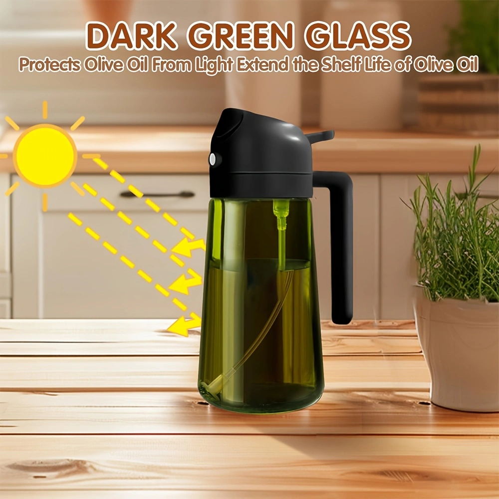 2-piece openable push-button oil spray bottle, 470ml glass spray and invert dual-use oil bottle, household olive oil spray bottle, automatic back-suction nozzle, double seal to prevent leakage when inverted.