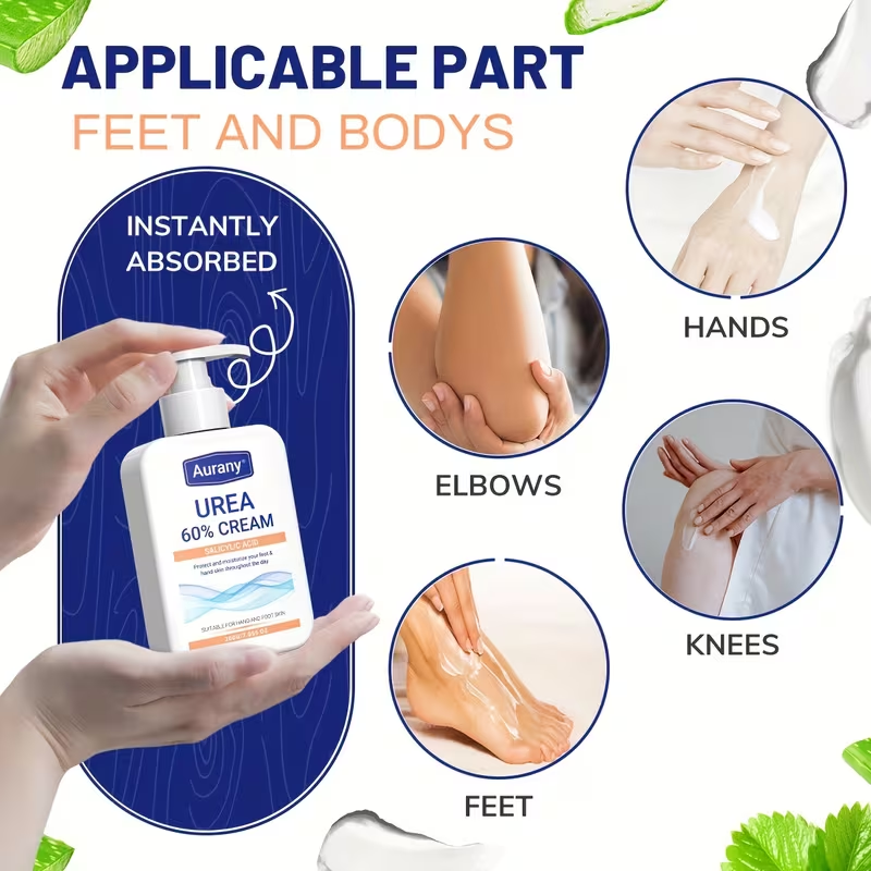 Of Cream with 60% Urea, Designed for Hands And Feet, Enriched with Salicylic Acid, Aloe Vera, Jojoba, And Tea Tree, Providing Long-Lasting Hydration for Dry Skin on Hands, Feet, And Elbows Throughout The Day
