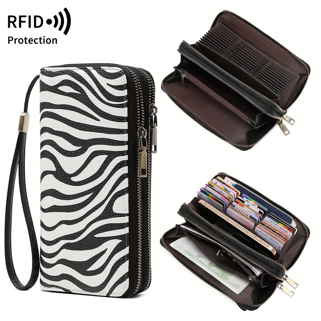 Women'S Retro Leopard Print Large Capacity Wallet with RFID Blocking, Golden-Tone Hardware & Zipper Closure - Multi-Compartment Design with Card Slots
