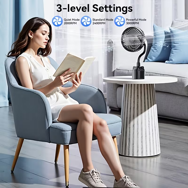 USB Cup Holder Fan | Portable Personal Desk Fan with Power Cord, 3 Speeds Strong Airflow, Flexible Adjustable Hose, Ultra-Quiet | Ideal for Home, Office, Car & Summer Travel