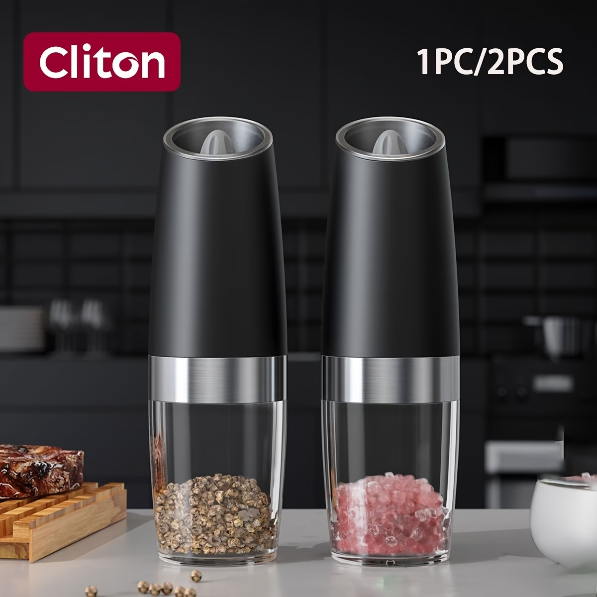 1/2pcs/set, Gravity Electric Salt And Pepper Mill, Powerful Pepper Grinder, Tilt to Grind Automatically, Battery Powered, Coarseness Adjustable, Upgraded Large Capacity, Easy to Clean, One-Hand Operation, Kitchen Essentials, LED Light, Gift Ideas
