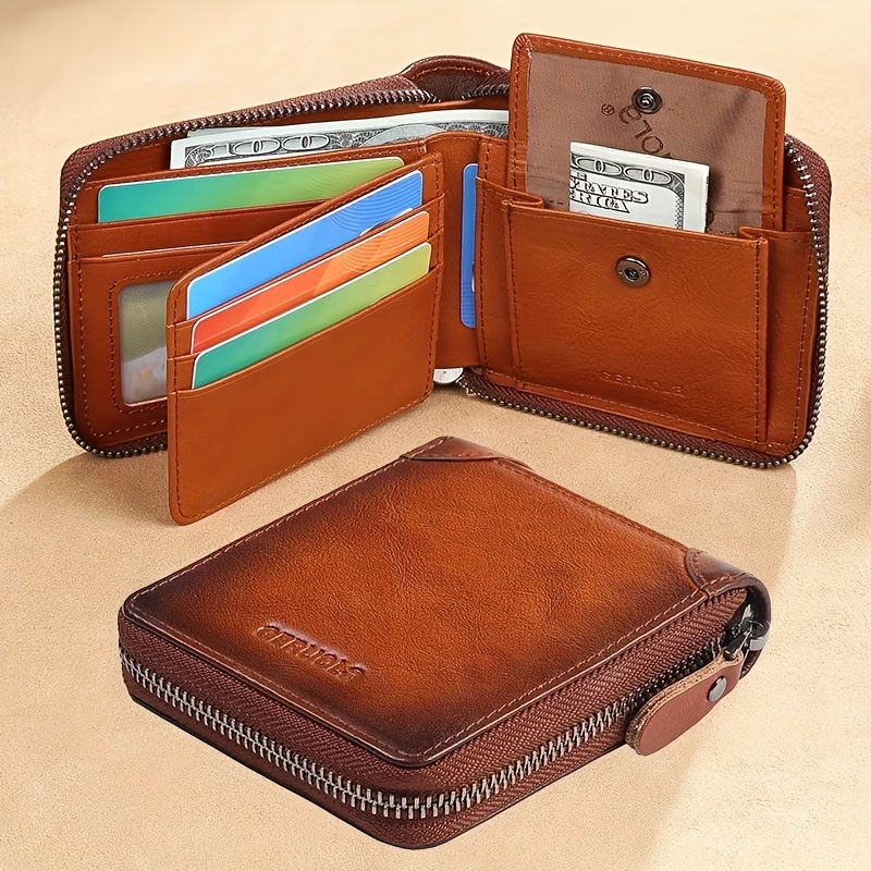 Men'S New Genuine Leather Short Wallet with Large Capacity, Zipper, Tri-Fold Design, And Ultra-Thin Cardholder