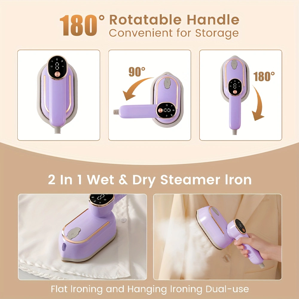 Digital display handheld garment steamer, travel-friendly portable iron, household steam iron for ironing clothes, intelligent five-level adjustment, wet and dry use, quick wrinkle removal iron.