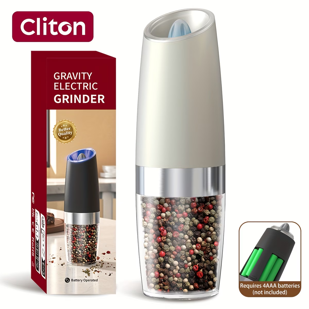 1/2pcs/set, Gravity Electric Salt And Pepper Mill, Powerful Pepper Grinder, Tilt to Grind Automatically, Battery Powered, Coarseness Adjustable, Upgraded Large Capacity, Easy to Clean, One-Hand Operation, Kitchen Essentials, LED Light, Gift Ideas
