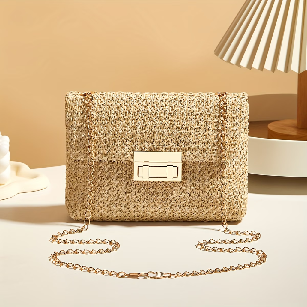 Women'S Straw Woven Shoulder Bag Handwoven Crossbody Bag Chain Closure Square Bag