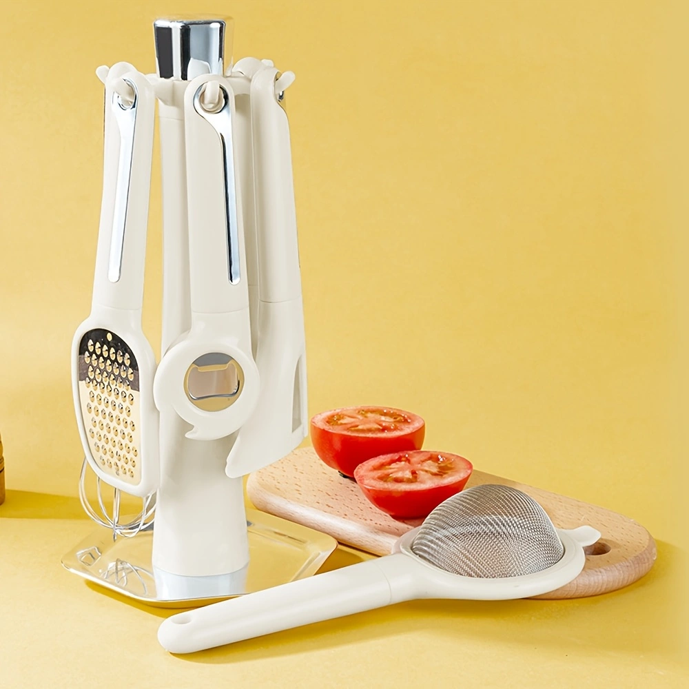 6pcs Multi-piece kitchen tool set, including a strainer, peelers (both vertical and horizontal), grater, bottle opener, and egg beater.