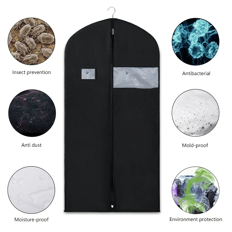 Black non-woven garment storage and dust cover; hanging suit organizer bag with a clear viewing window; easy-to-maintain, moisture-proof, and dust-proof storage bag for formal wear and suits.