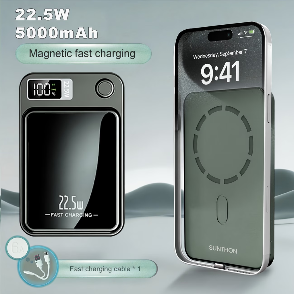 Sunthon Magnetic Wireless Charging Power Bank, 10000/5000mAh Portable Wireless Charger, 22.5W/PD20W Fast Charging Battery Pack, with LED Power Display, 2 Outputs And Dual Input External Battery Pack for iPhone 17/16/15/14/13/12 And Android Universal