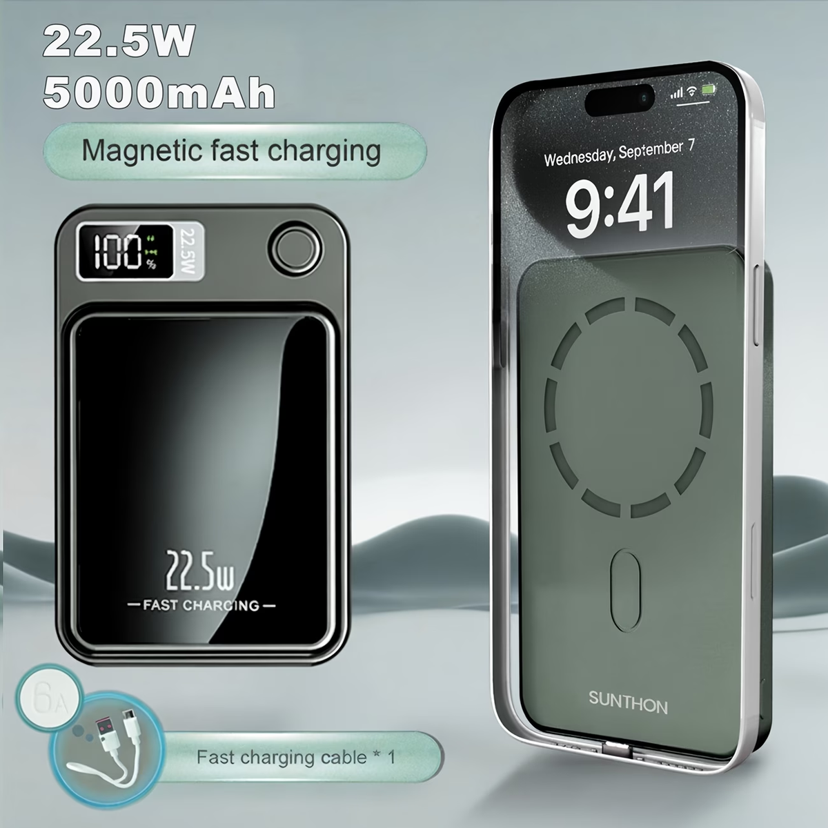 Sunthon Magnetic Wireless Charging Power Bank, 10000/5000mAh Portable Wireless Charger, 22.5W/PD20W Fast Charging Battery Pack, with LED Power Display, 2 Outputs And Dual Input External Battery Pack for iPhone 17/16/15/14/13/12 And Android Universal