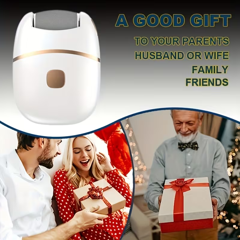 Rechargeable Electric Foot Scrubber with 6 Interchangeable Heads for Removing Dead Skin And Polishing, Powered by USB, Featuring a Smooth Two-Tone Design (White And Golden) And an Ergonomic Handle for a Comfortable User Experience.