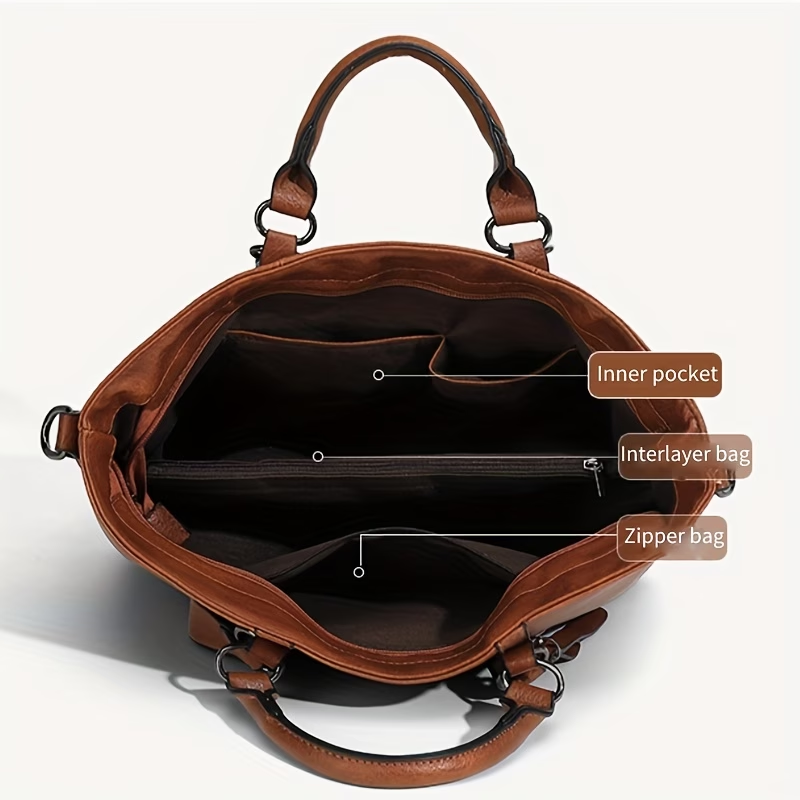 Women's Vintage Synthetic Leather Tote Handbag with Adjustable Shoulder Strap, Multi-Pocket Organization & Zipper Closure - Soft Oil-Edged Design, Polyester Lining