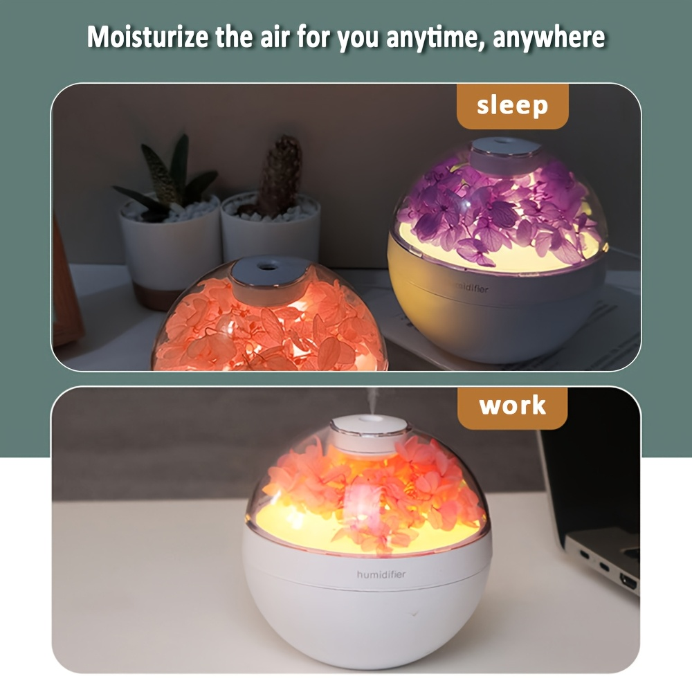 Preservative flower humidifier, USB multi-scene creative ultrasonic humidification and moisturizing spray, wired humidification, warm light mode, two spray levels, easy button operation, automatic power-off to prevent dry burning.