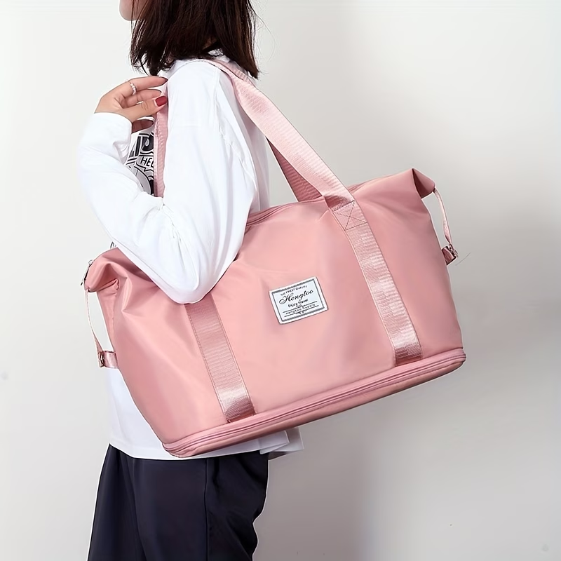 Large Capacity Women'S Duffle Bag - Pink Nylon Gym And Travel Tote, Lightweight Luggage Handbag, Versatile Sports Bag, Casual Style, Hand Washable