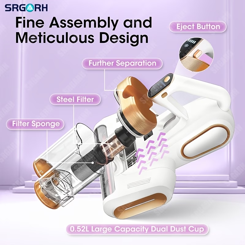3-minute Fast Charging Cordless Mattress Vacuum Cleaner, 16Kpa Suction Power, 253.7nm UV Light And 80, 000 RPM Sonic Technology, Portable Double Cup Handheld USB Rechargeable, Suitable for Beds, Fabric Sofas, Carpets, Mother's Day Gift