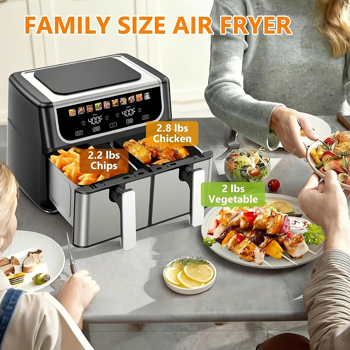 9.5 Quart Large Dual Basket Air Fryer with Double Basket, Independent Temp Control & Sync Mode, 10 Presets (Bake/Broil/Defrost/Dehydrate), Shake Reminder System, Compatible for Plug for Appliance