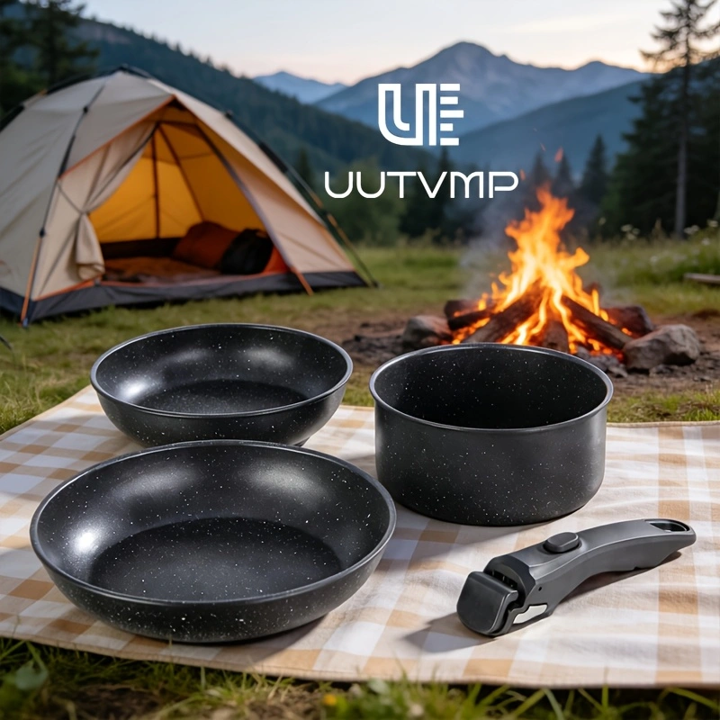 Non-stick cookware set (3 pieces): 2 frying pans + 1 saucepan + 1 cookware set with detachable handle.