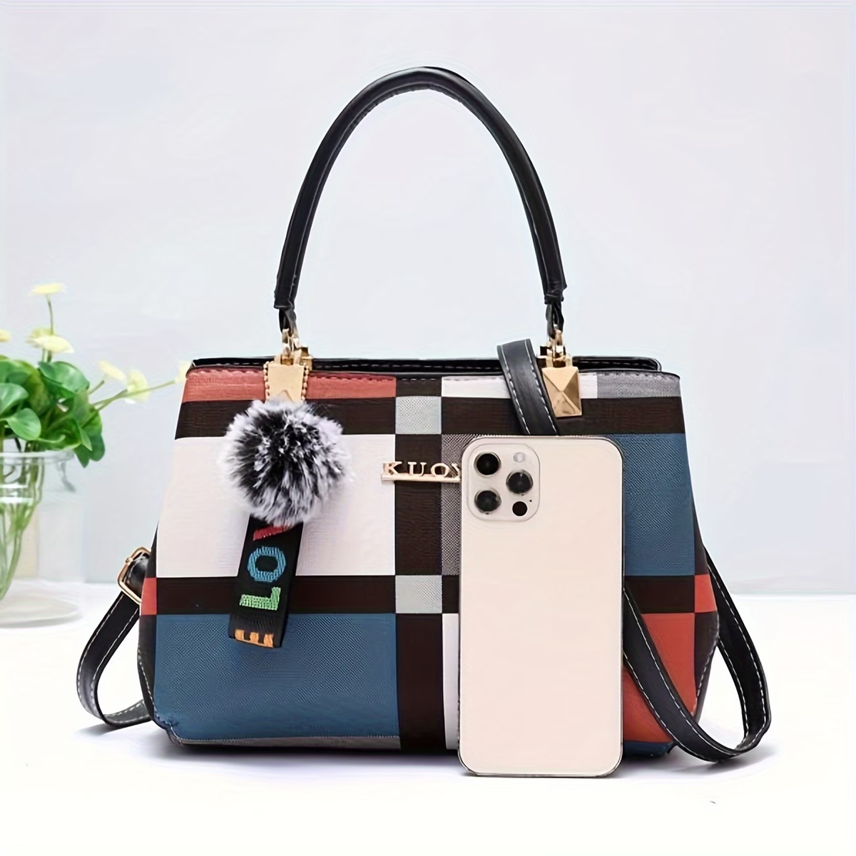Plaid Decorated Wo 's Fashion Small Handbag with Ball Decoration Multi-Layer Mini Handbag Suitable for Date Party Student White Collar