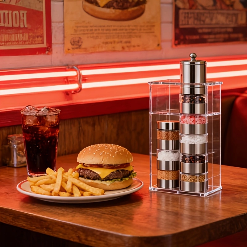 Five-layer stainless steel pepper grinder, a kitchen seasoning essential, with a transparent viewing chamber, rotary grinder, and adjustable coarseness.