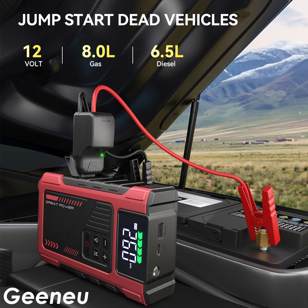 9-in-1 Portable Jump Starter with Air Compressor, Battery Jump Starter Portable Peak, Car Battery Charger Portable For12V(8.0LGas/1.72gal Diesel) Start The Car Quickly, USB Input/output, LED Emergency, Car Accessories Tools, Wireless Car Air