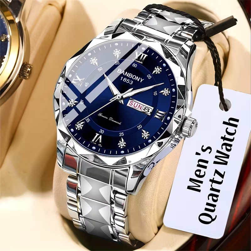1 New Stainless Steel Men'S Quartz Watch with Roman Numerals, Rhinestone Dial, Date Calendar, Trendy Minimalist Luxury Brand, Luminous Sports Casual Business Multi-Functional Watch - Ideal Birthday Gift and Holiday Present, Elegant Watch For Men