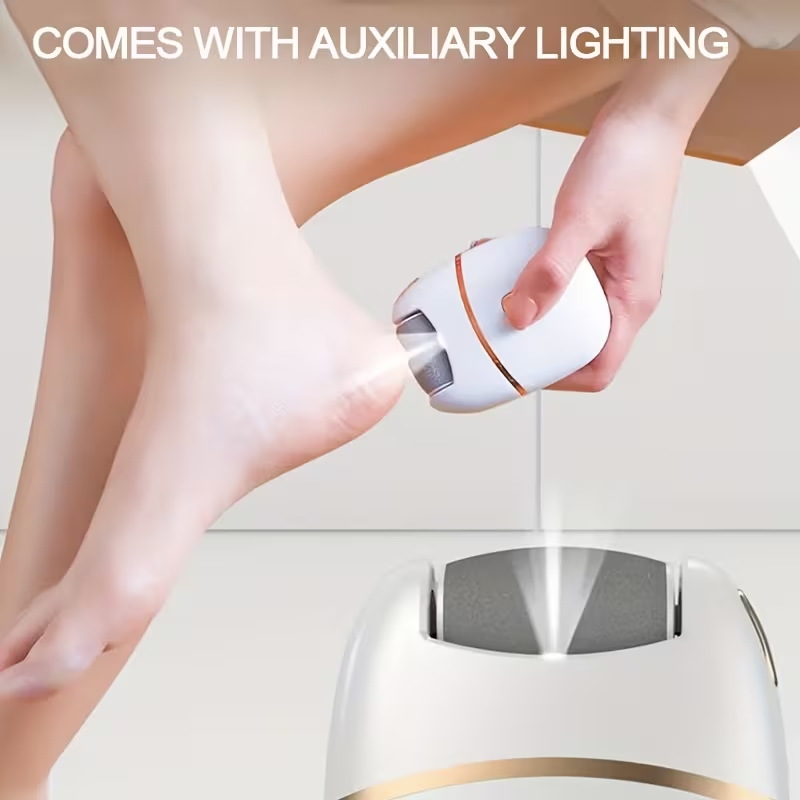 Rechargeable Electric Foot Scrubber with 6 Interchangeable Heads for Removing Dead Skin And Polishing, Powered by USB, Featuring a Smooth Two-Tone Design (White And Golden) And an Ergonomic Handle for a Comfortable User Experience.