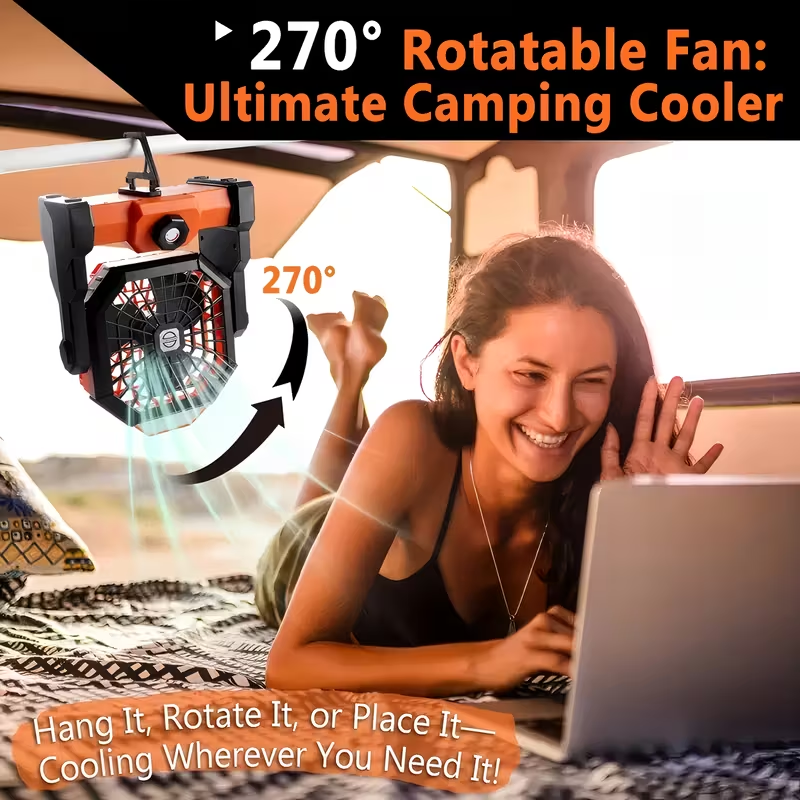 New Multifunctional Outdoor Fan with Stepless Speed Control, Portable Hanging Anywhere, LED Light for Illumination, Essential for Camping, Autumn and Winter, Holiday Outdoor Travel, USB Rechargeable, Extra Large Lithium Battery with Long Endurance