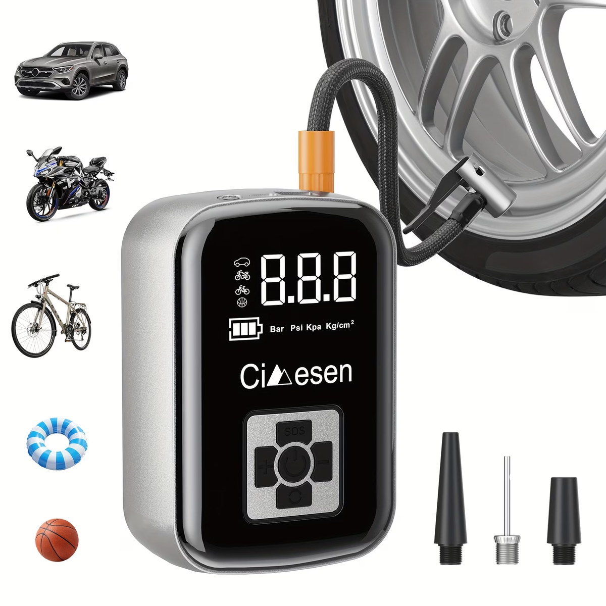 1pc Tire Inflator Portable Air Compressor, Fast Cordless Air Pump, Digital Display With Multi-function Nozzle Adapter And Long-lasting Lithium Battery For Car Motorcycle Bicycle Tire Ball, Auto Parts