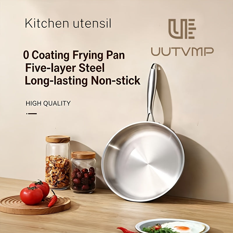 Uncoated stainless steel single handle frying pan, 11.02 inch flat bottomed healthy non chemical coating, evenly heated, universal for induction cookers and gas stoves, suitable for frying eggs, steaks, and dumplings