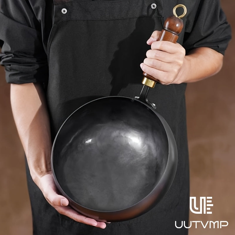 Deepening flat bottomed non stick iron pan, 24cm/9.44inch household deep frying pan, one-piece forged thickened substrate