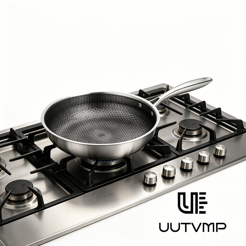 Stainless steel honeycomb frying pan kitchen utensil, thickened high-quality stainless steel with integrated solid steel handle, 3D suspended honeycomb, physically non stick and non chemical coating, scratch resistant and wear-resistant