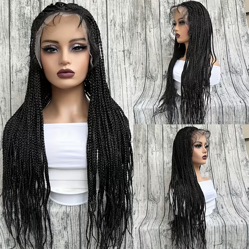 34 Inch Synthetic Full Lace Braided Wig for Women - Double Lace Front Knotless Braids with Thin Hair, Density Straight Hair, Brown Square Knotless Wig for Daily Part Use, Stylish Hair Accessory, Elegant Hairstyle, Secure Fit Wig