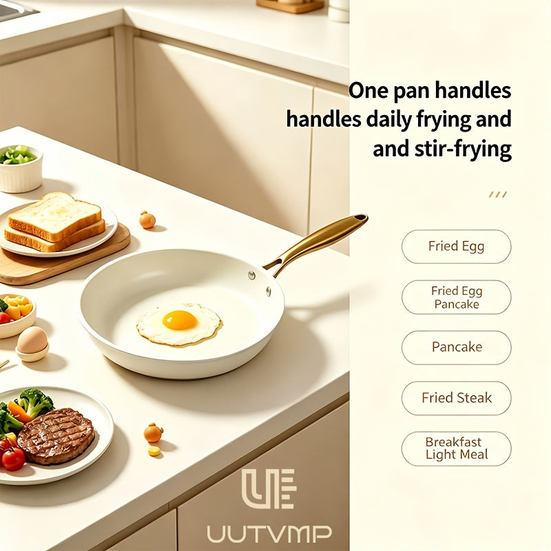 High appearance cream white non stick frying pan, golden handle, pot diameter 11.02 inches, flat bottom with uniform thermal conductivity