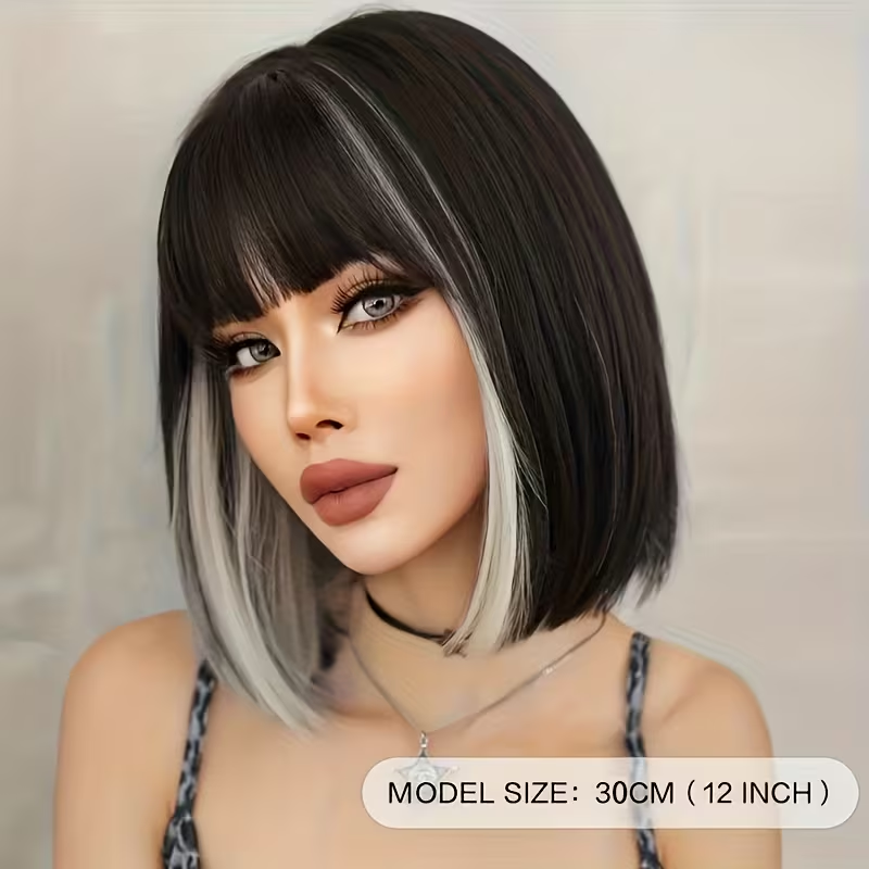 Dress up Popo Wig Short Straight White High Gloss Black Wig Suitable for Women's Daily Party Use with Bangs, Daily Wig Wearing, Women's Fashion