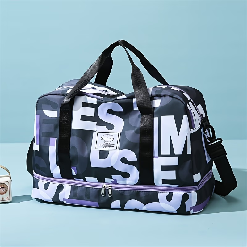 Duffel Bag with Independent Shoe Compartment - Lightweight, Large Capacity, Nylon, Machine Washable - Ideal for Swimming, Vacation, Short Business Trips, Maternity, Student Housing, Boarding, Yoga & Fitness Sessions - Fits Over Suitcase Handle