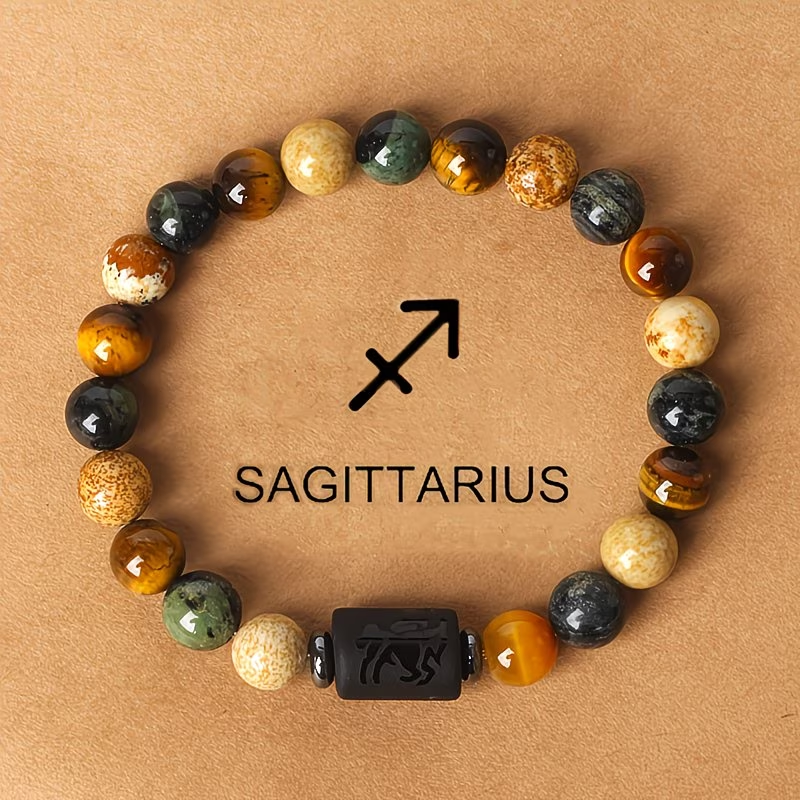 1pc 12 Constellations Zodiac Natural Stone Beaded Twelve Constellations Tiger Eye Stone Picture Stone Birthday Gift Valentine'S Day Gift Zodiac 19Cm/7.48Inch