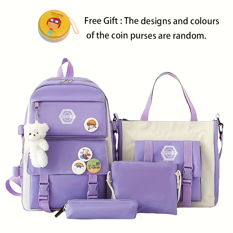 4pcs/Set Easy Leisure Backpack Large Capacity Schoolbag Travel Bag Canvas Shoulder Bag, for Teenager, For Teenager