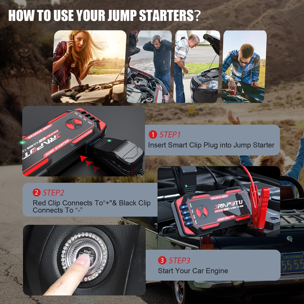 Portable Car Jump Starter, 2500A Peak Battery Jumper Starter Portable, Jump Box for Car Battery, 12V Portable Jump Starter for 2.11gal Gas & 1.85gal Diesel Cars with USB Ports & LED Flashlight, Car Battery Charger Jump Starter, Battery Starter