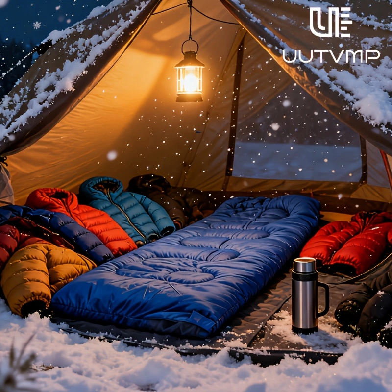 A blue envelope sleeping bag, modular and suitable for camping, hiking, trekking, cycling, travel, and other outdoor activities.