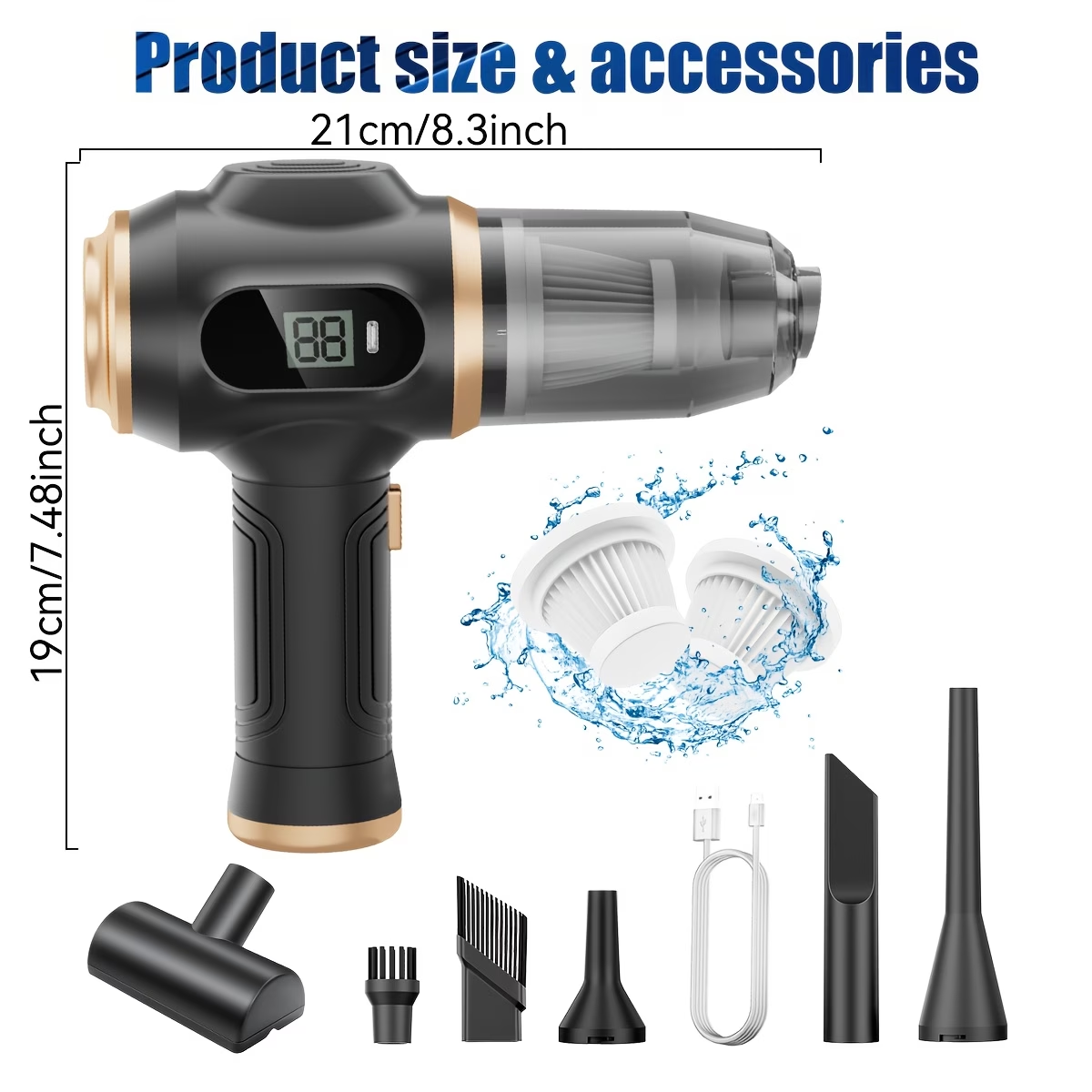 High-Power Handheld Vacuum Cleaner with Strong Suction - Fast Cleaning, Includes Crevice Tool & Multiple Accessories and Brushes, USB Charging, Blowing and Sucking Function, for Home and Car Use, Hair Removal, Quick Cleanup, Ergonomic Grip