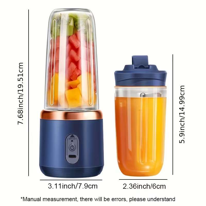 Portable Juicer That Can Be Charged Via USB, Comes with Two Cups, Features a Sport Cup Lid, And Is Multifunctional. It Has a Design And a Six-Blade System for Quick Juicing, Producing Smooth Juice, Making It Ideal for Home, Kitchen, And Travel Use