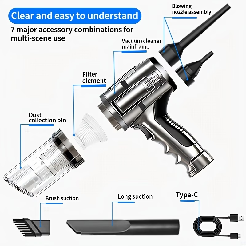 Cordless Handheld Vacuum, Featuring 5Kpa Powerful Suction And a Blowing Function, Compact Mini Vacuum Cleaner with Low Profile And Various Attachments, Ideal for Home, Car, Office, And Outdoor Camping