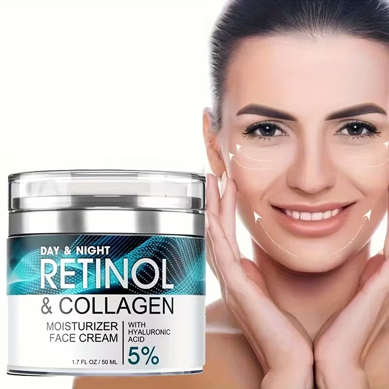 1pc 50ml Retinol Moisturizing Cream with Collagen, Hyaluronic Acid & Vitamin E • Hypoallergenic Face Moisturizer for Dry Light • Improves Elasticity • Hydrating Lotion for Women & Men • All Light Types • Daily Skincare • Sleek Jar Design