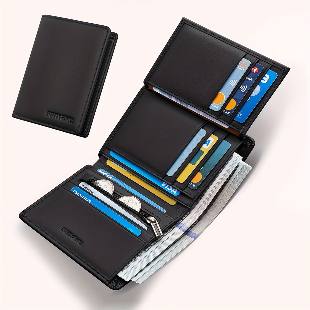 Genuine Leather Three-Fold Wallet for Men, 13 Card Slots with Anti-Theft Feature
